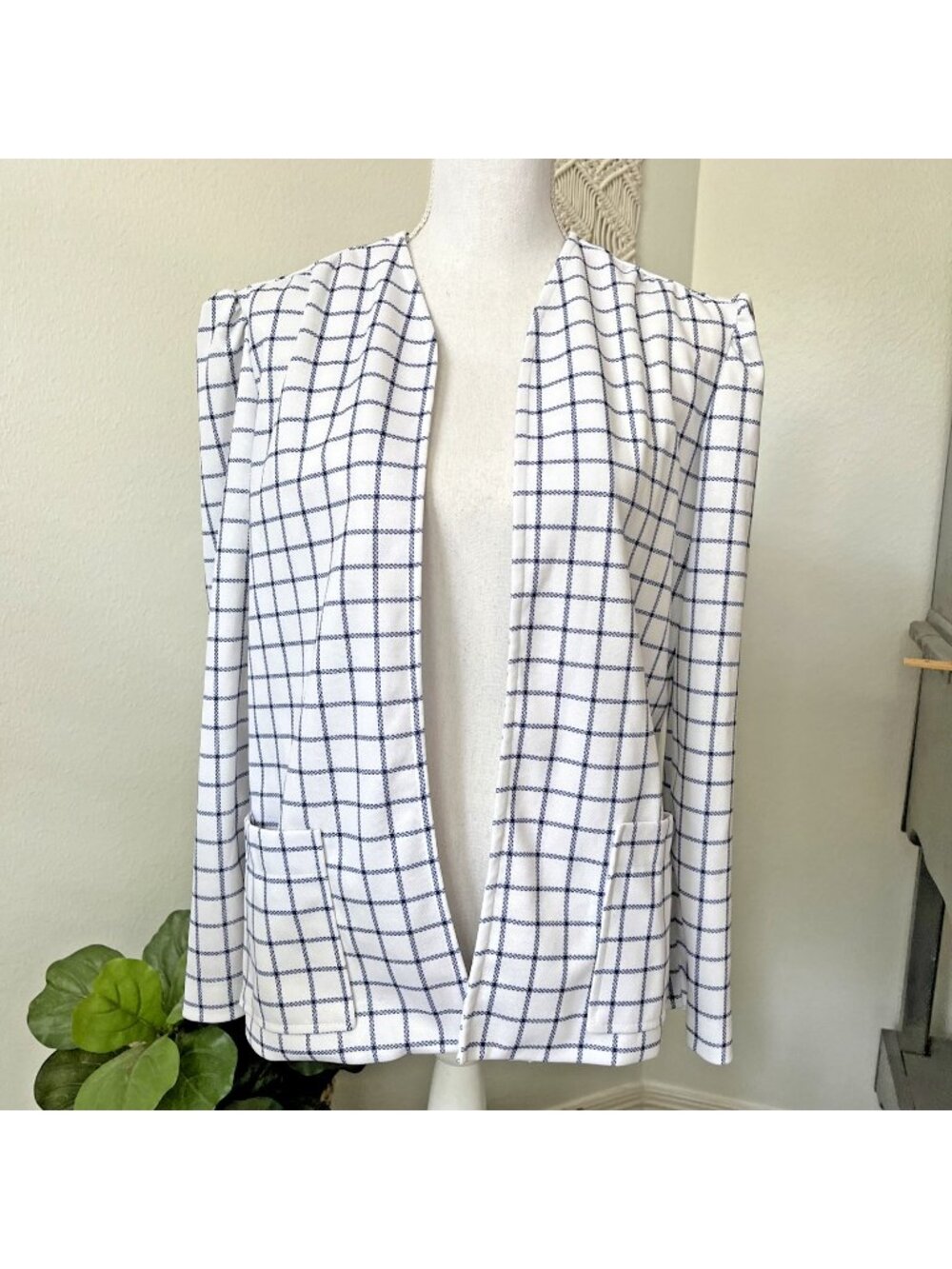 Vtg white blue plaid womens stretch knit open front blazer church M 70s grandma